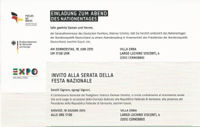 Einladung an das Einheitskomitee zum Nationentag-Abendempfang auf der Expo 2015 in Mailand
